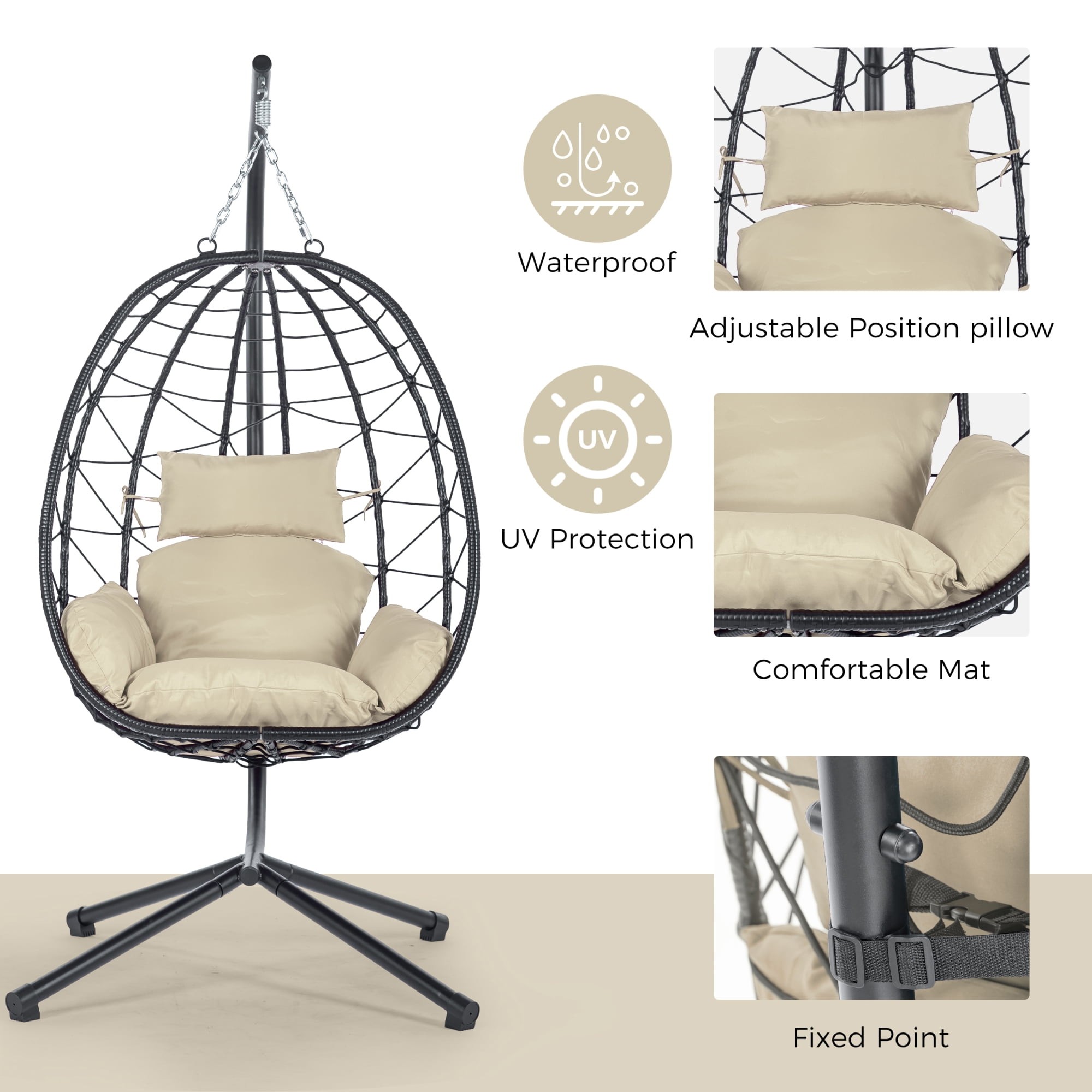 Egg Chair with Stand, Indoor Outdoor PE Wicker Hanging Egg Chair, Patio Swing Chair Basket Chair Hammock Chair with Stand for Bedroom Living Room Balcony, Beige
