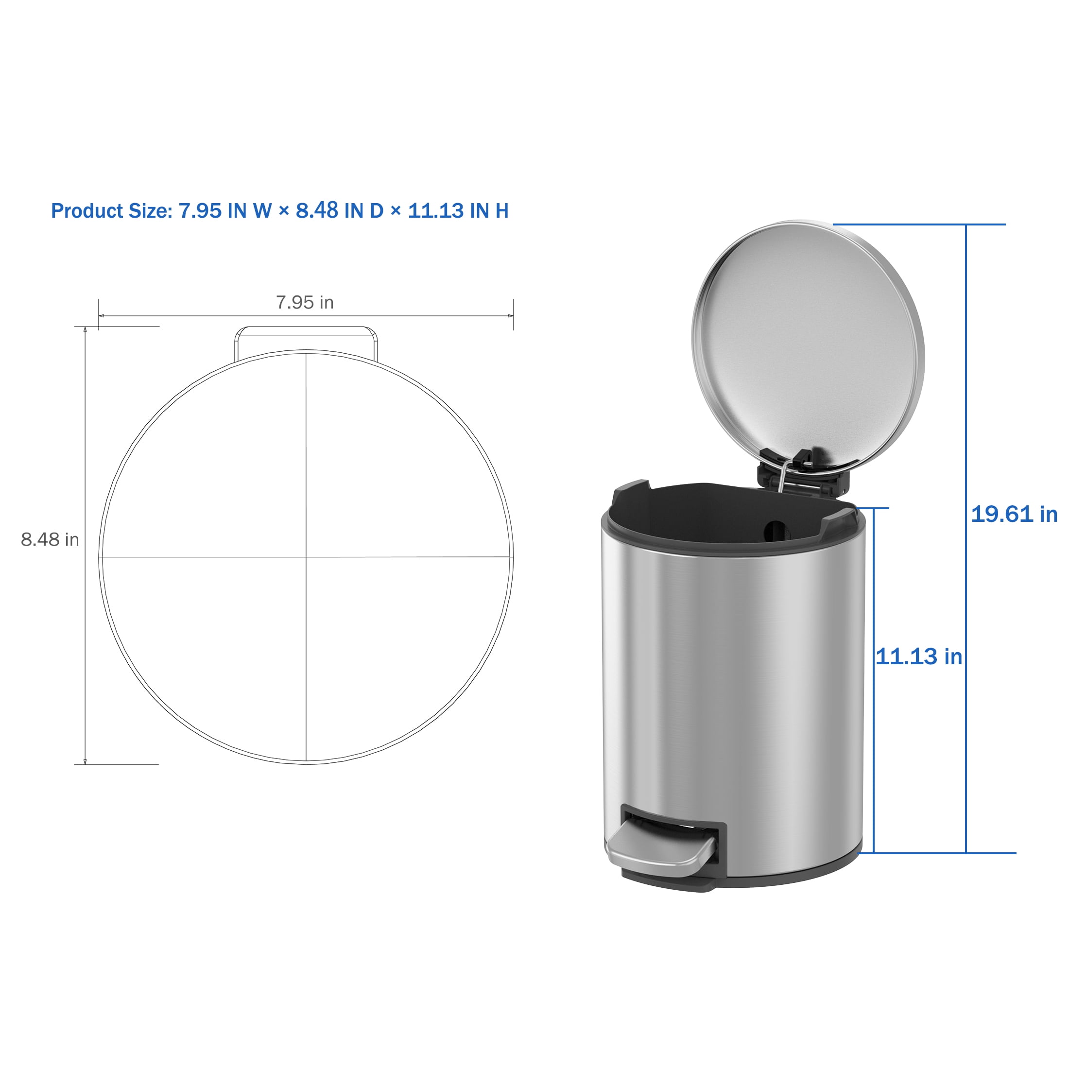 Better Homes & Gardens Bathroom Trash Can, 1.3 Gallon Small Stainless Steel Step Garbage Bucket Bin with Soft Close Lid, Silver