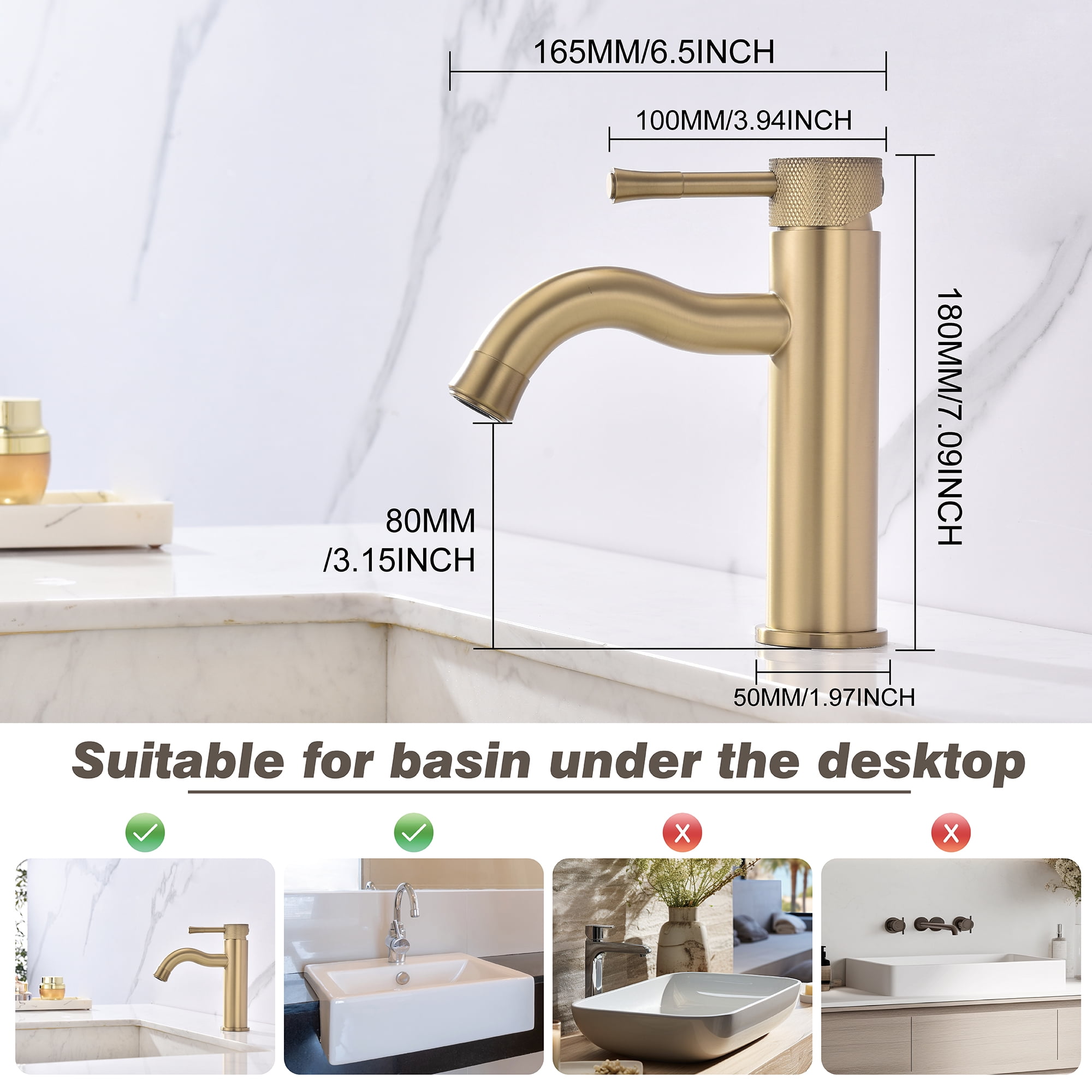 Brushed Gold Stainless Steel Single Lever Bathroom Vanity Sink Faucet with Extension Aerator for Washbasin Farmhouse Rv Vanity Lavatory  and Motorhome