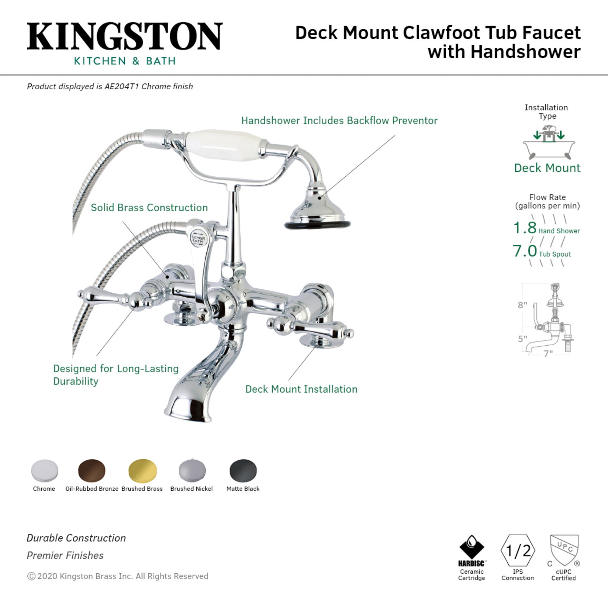 Kingston Brass AE203T0 Aqua Vintage 7" Center Deck-Mount Clawfoot Tub Faucet with Hand Shower, Matte Black