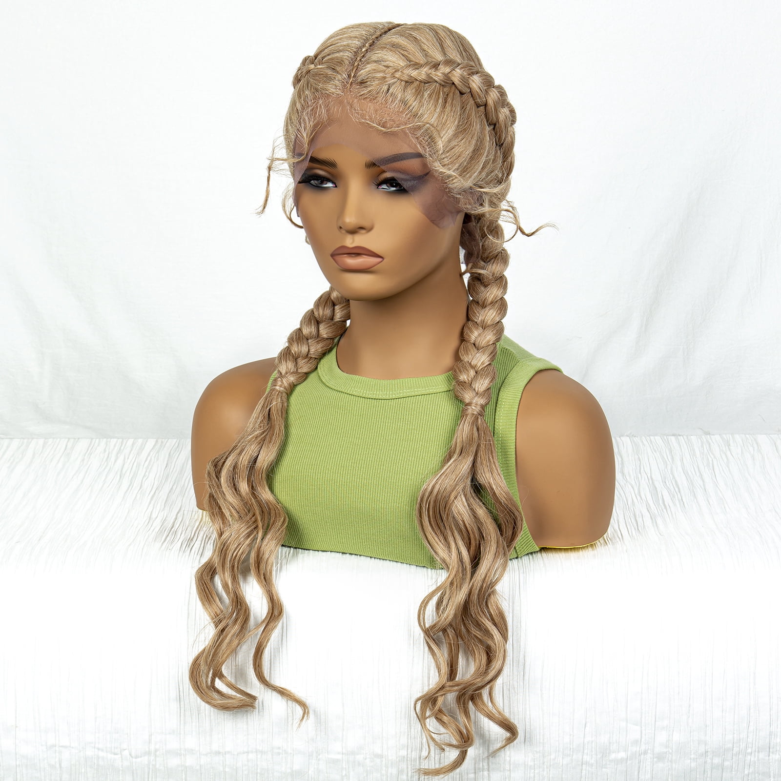Synthetic Braided Wigs with Curly Wave for Women Lace Frontal Twist Braids Wig with Baby Hair for Girls 30 Inches (27/613 Color)