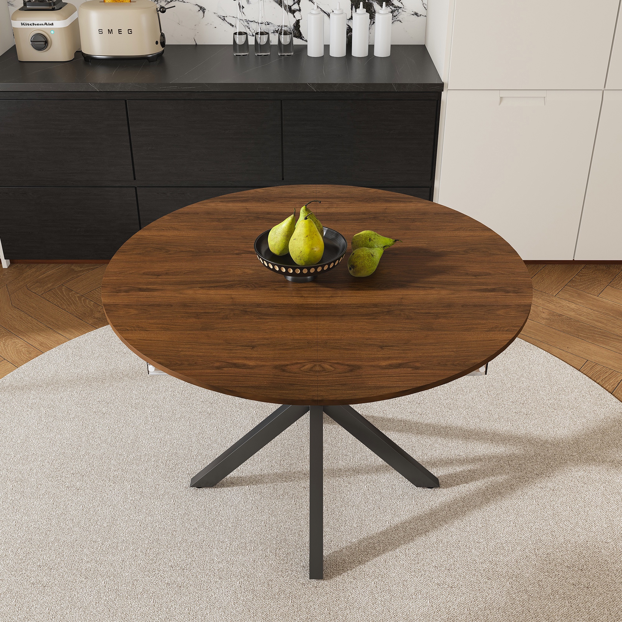 PORKISS 59" Extendable Round Dining Table for 6, Modern Kitchen Table with Carbon Steel Base, Dining Room Table with Thickened Wood Grain Tabletop, Perfect for Small Space, Walnut+Black
