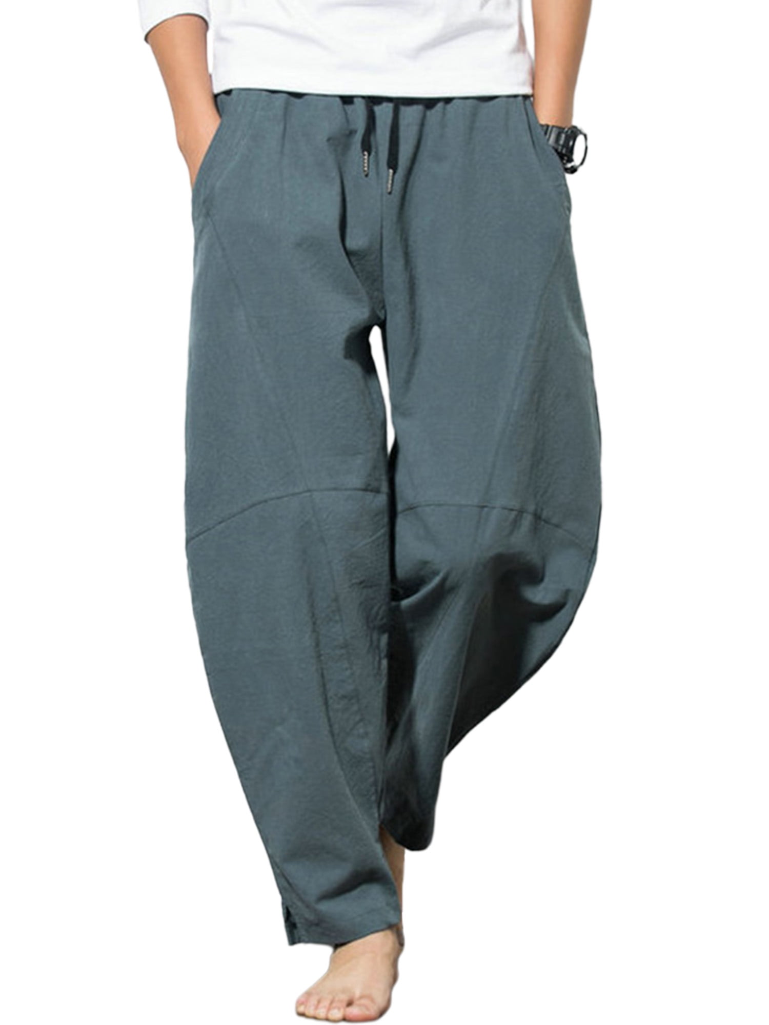 Mens Casual Linen Harem Pants Yoga Drawstring Loose Fit Slacks Trousers Summer 