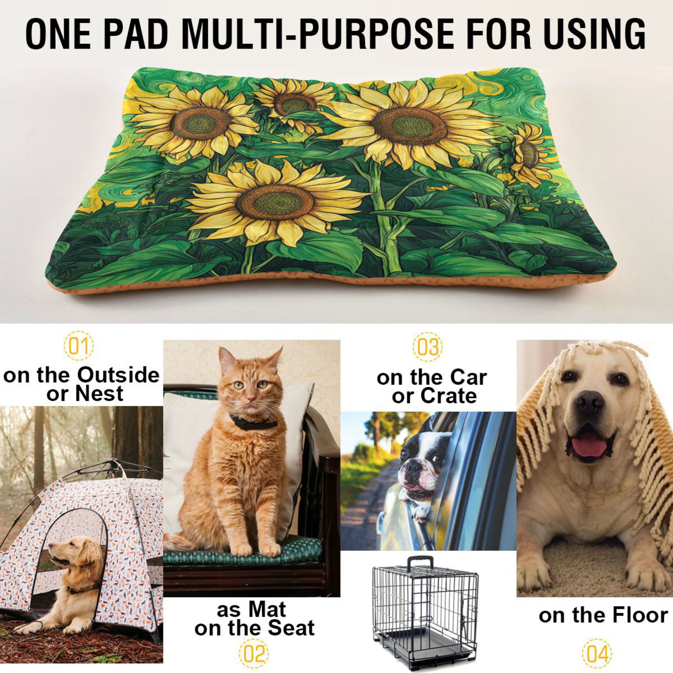 Qxltty Sunflower Green Background Ped Pad Wear-resistant and Hard to Bite Through Sleeping Pad for Small Medium Large Dogs Winter Pet Bed 36×24in