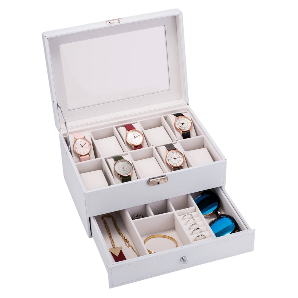 Kepooman 10 Slots Watch Box, Watch Dislpay Box Organizer, Pu Leather with Glass Top, White