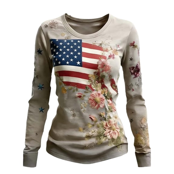 QASIEATN Women's Casual Long Sleeved Sweatshirt Celebrates 250th Anniversary with The National Flag Flowers Patriotism and Flag Top