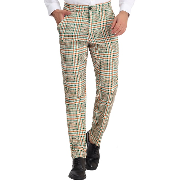 Pantalones de Vestir Lars Amadeus Hombre Informales A Cuadros Naranja Verde S