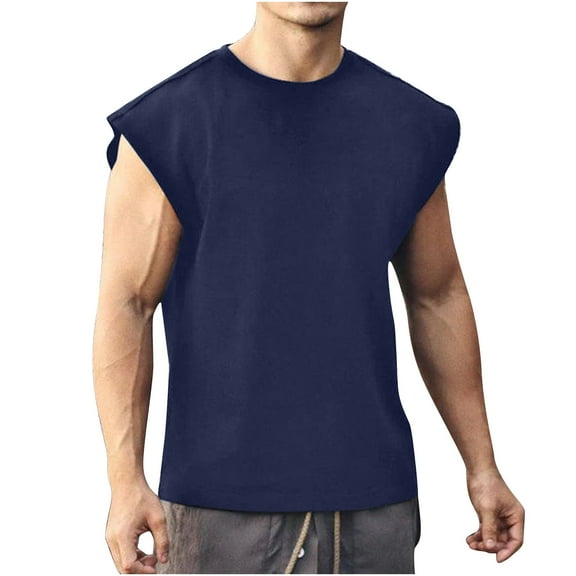 Men's Sleeveless Workout Swim Shirts Quick Dry Running Tank Tops UV Protection Muscle Tees Navy M