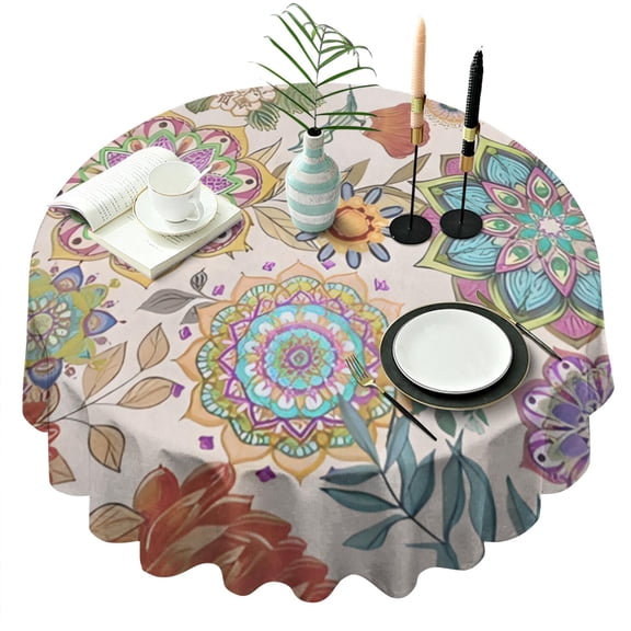 Round Waterproof Tablecloth 60×60 Inch, Boho Style Reusable Indoor/Outdoor Durable Table Cover for Party Kitchen Dinner Room Decor