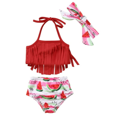 

CenturyX Newborn Baby Girls Swimwear Sets Watermelon Floral Tassels Bikini Swimsuit Headband Bathing Suit Red 9-12 Months