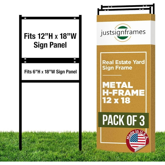 Real Estate Yard Sign Metal H Frame (3-pack) with Rider - Steel Sign Holder, 12" x 18" Yard Sign Stand, Open House Sign (1 Main, 1 Rider, Black)