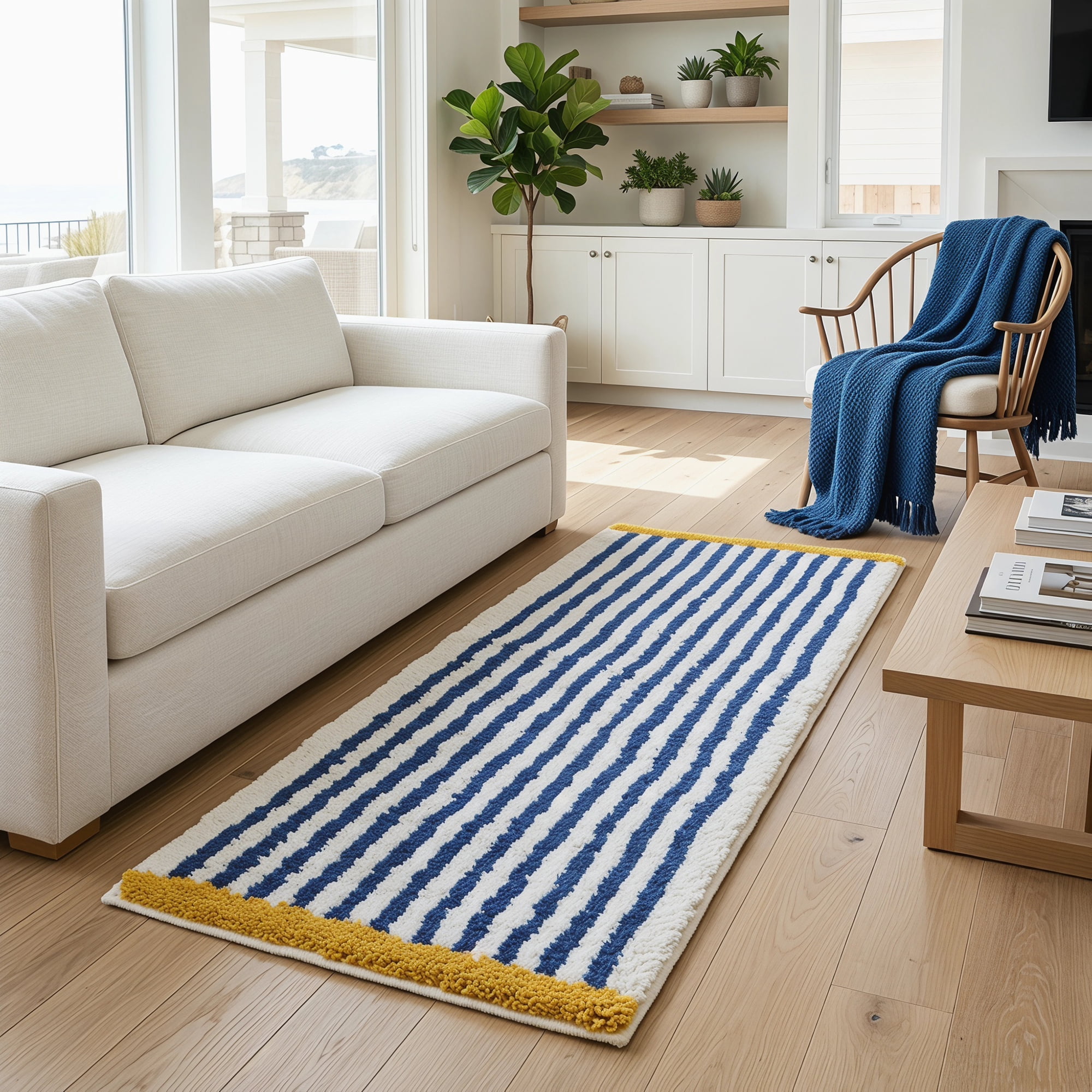 Unique Bargains Geometric Runner Rug Shaggy Bedside Non-Slip Hallway Carpet Blue