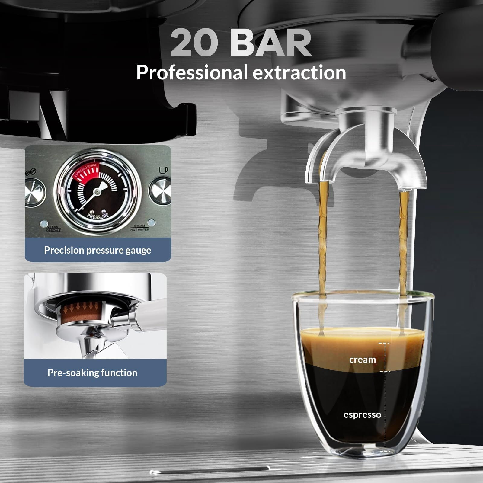 20 Bar Espresso Machine,Professional Coffee Machine with 96 Oz Removable Water Tank for Cappuccino Latte, Espresso Maker with Grinder and Milk Frother Steam Wand,Slivery