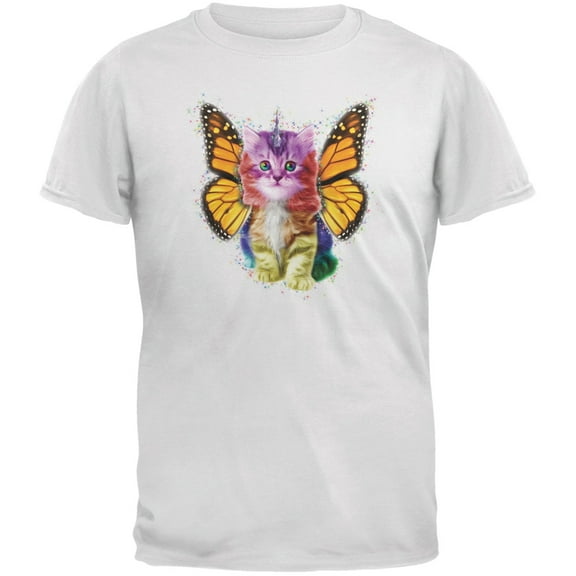 Rainbow Butterfly Unicorn Kitten White Adult T-Shirt - 2X-Large