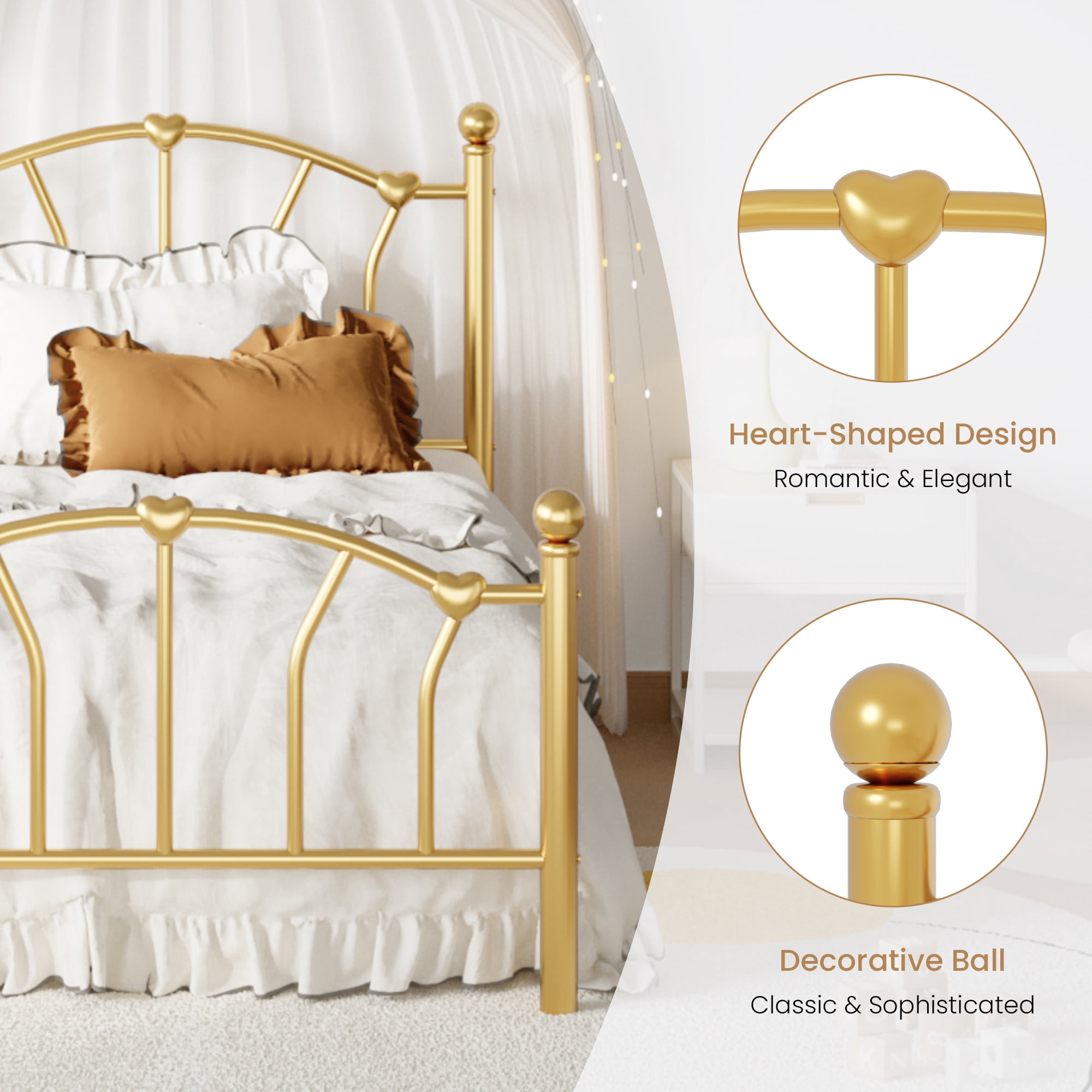 SHA CERLIN 14 Inch Twin Size Metal Platform Bed Frame with Heart Shaped Iron-Art Headboard/Footboard, Under Bed Storage, Noise Free Mattress Foundation, Easy Assembly, Gold