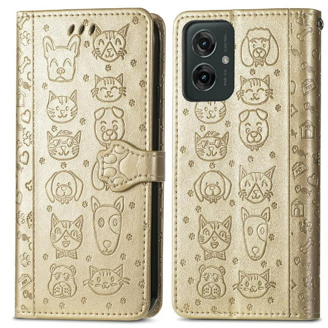 Funda Cartera FOXDOCK para Motorola Moto G55 , Flip PU con Relieve de Gatos y Perros, Tarjetero y Soporte