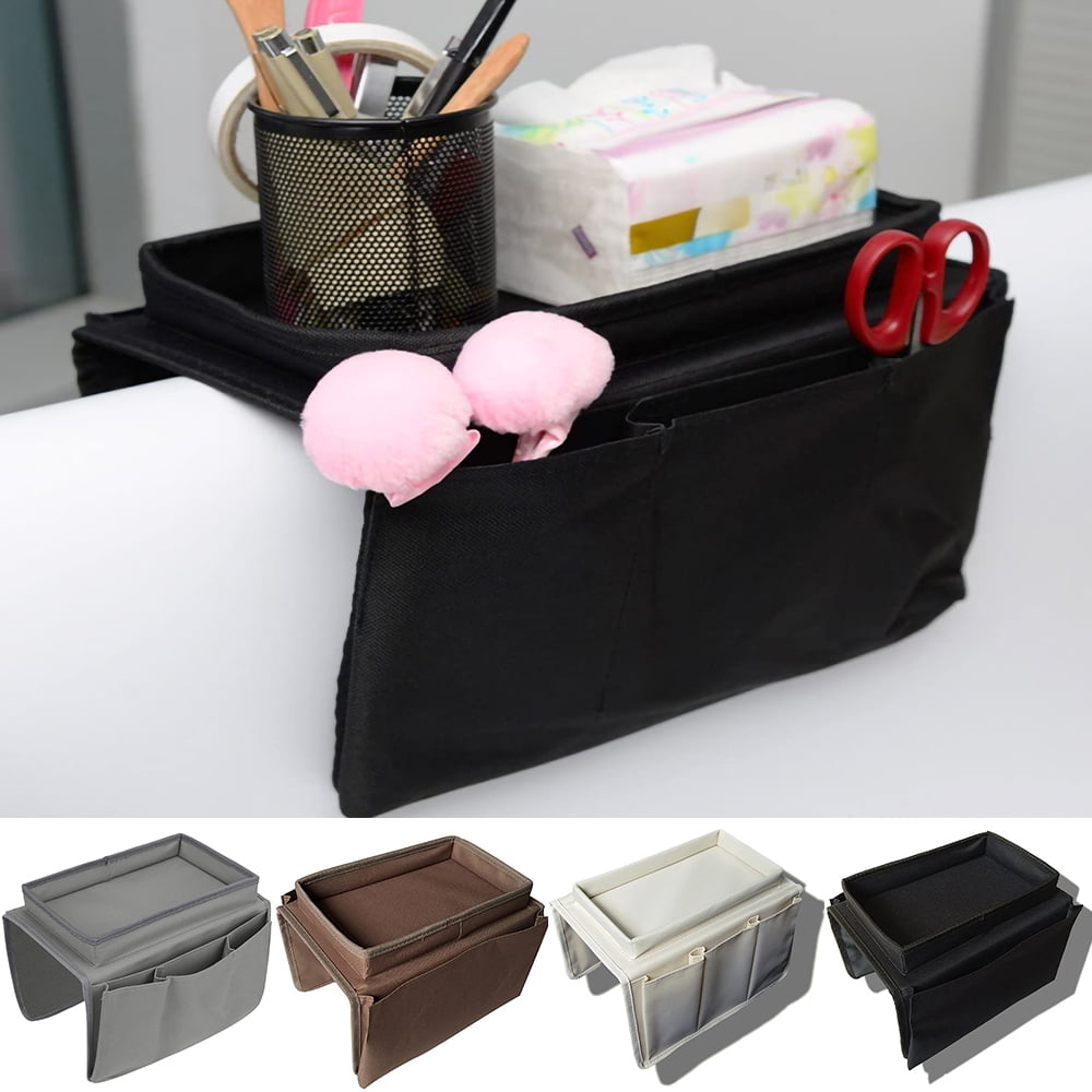 Sofa Armrest Organizer Hanging TV Remote Control Organizer Couch Storage Bag with Cup Holder Tray for Cellphone Magazine Drinks Snacks Beige