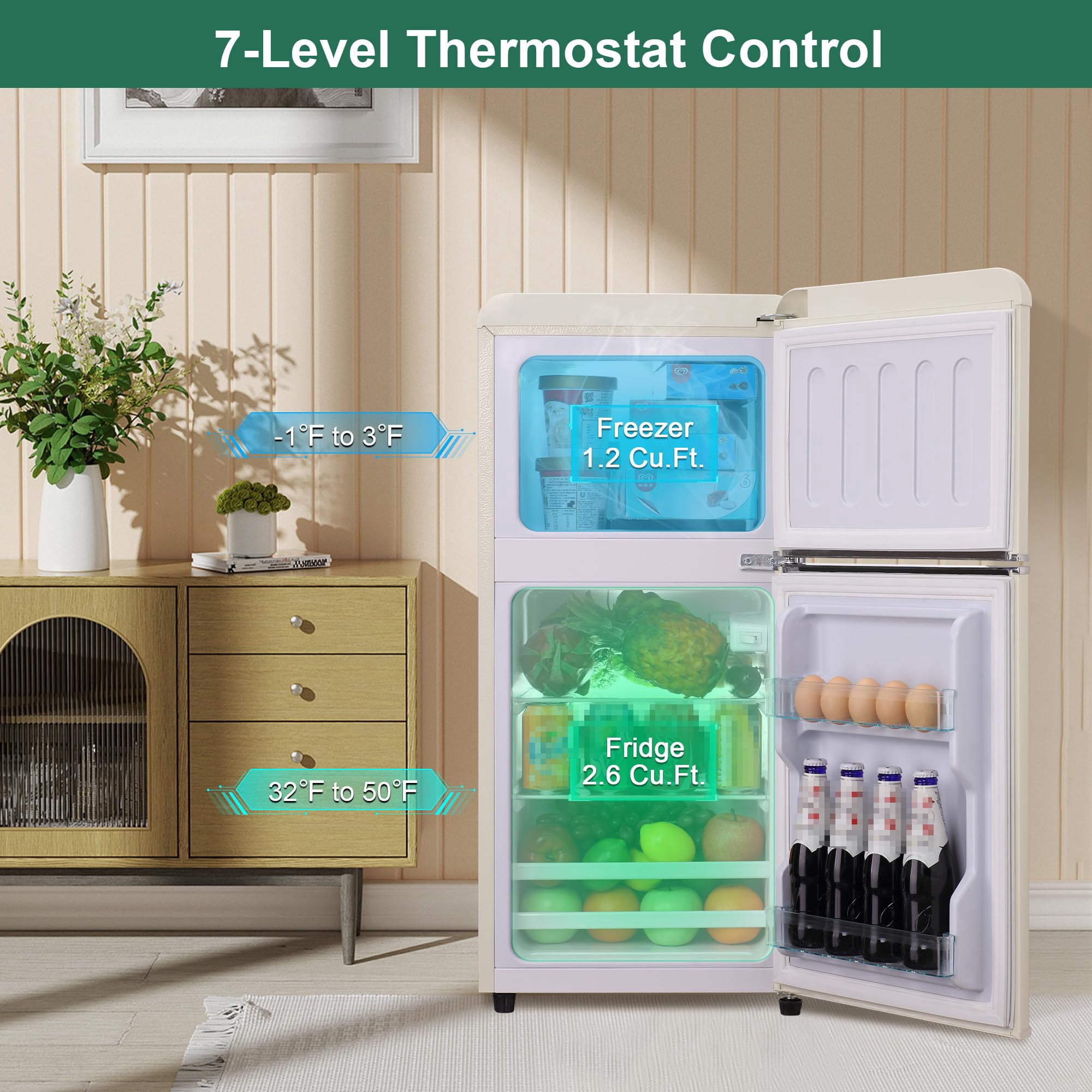 Mini Fridge with Freezer 4.0 Cu. Ft, Retro Small Refrigerator with 7 Level Adjustable Thermostat, Compact Classic Dual Door Fridge Removable Glass Shelves for Apartments, Dorm, Office, Cream