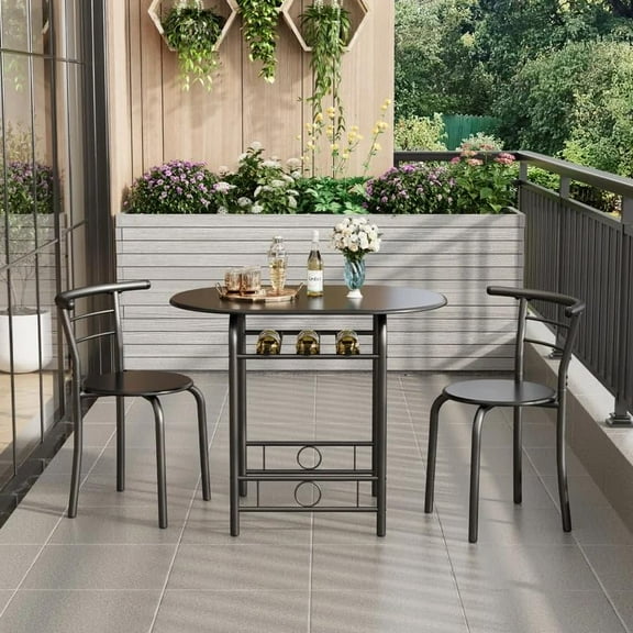 Shahoo 3-Piece Wooden Dining Table Set, Kitchen Breakfast Nook Sets with 2 Chairs & Round Tabletop, Space Saving Furniture Metal Frame and Built-in Wine Rack, Black