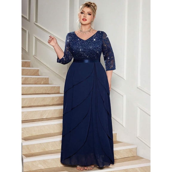 Navy Blue Plus Size V-Neck Sequin Lace 3/4 Sleeve Ruffle Hem Chiffon Maxi Dress For Formal Occasions