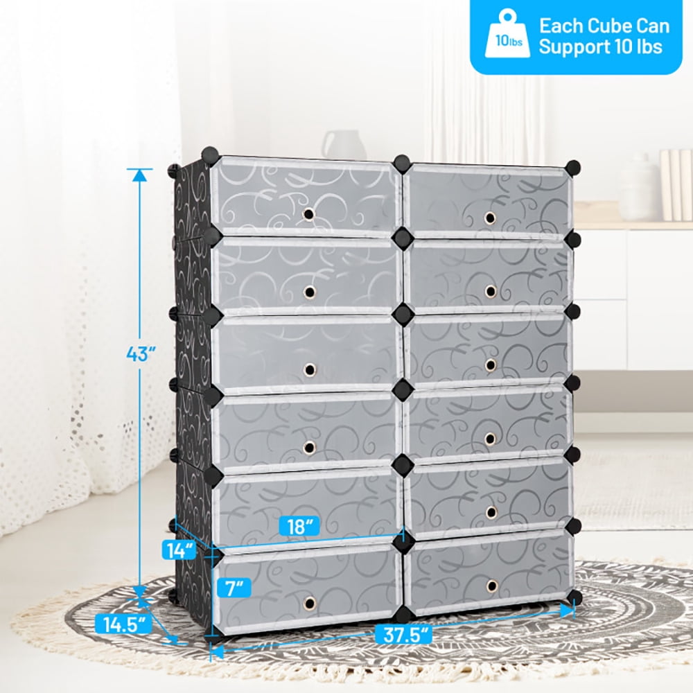 Barara King Storage Organizer Unit, Shoe Storage Organizer, Storage Shelf,12-Cube DIY Portable Plastic Shoe Rack with Transparent Doors-Black