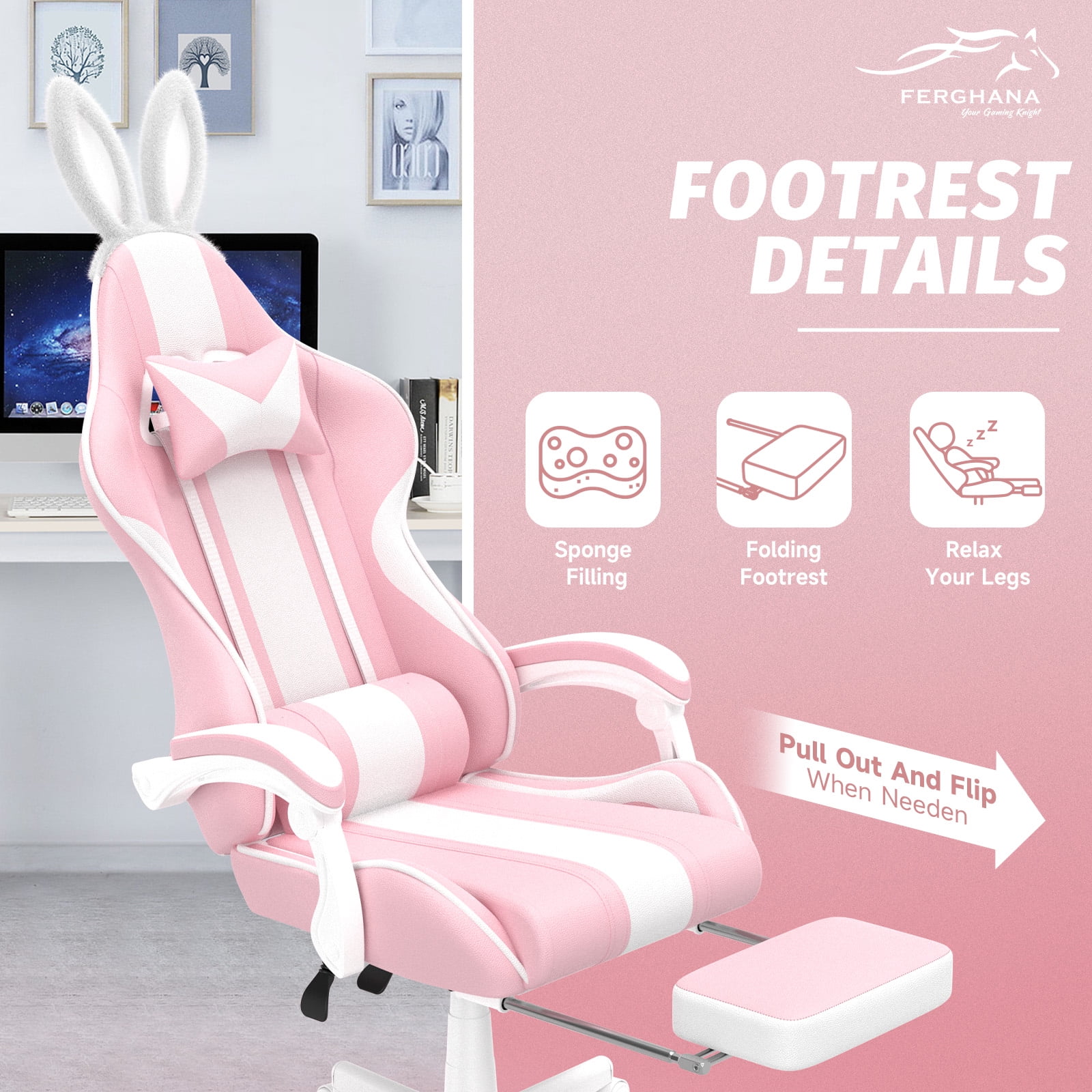 Luxvie Pink Gaming Chair with Footrest High Back Ergonomic Office Gamer Chair with Massage and Headrest Lumbar Support Swivel Computer Game Chair Cute Bunny Ears for Adults