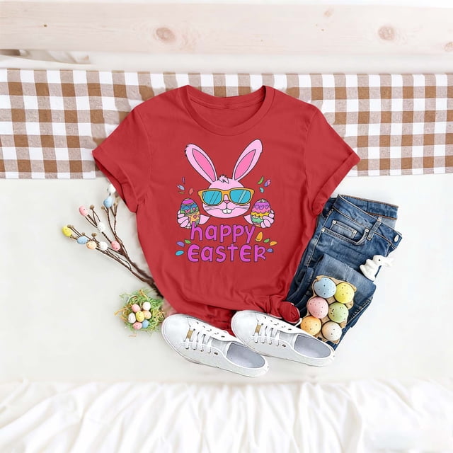 TaTaai Women's Loose Fit Cotton Tee Easter Printed Short Sleeve Crew Neck Casual Summer Chic T-Shirt Daily Work Home Party Gift
