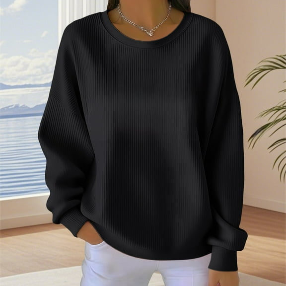 Women's Solid Color Crewneck Sweatshirt, Soft Stretchable Long Sleeve Pullover Top, Comfortable Casual Loungewear for Daily Wear, Fall Winter Basic Streetwear Essential with Regular Fit Black L