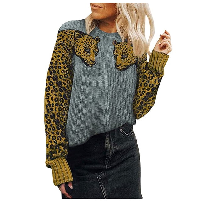 Mujeres verano moda casual suelta manga completa costura animal print o cuello blusa suéter Fridja hjk856