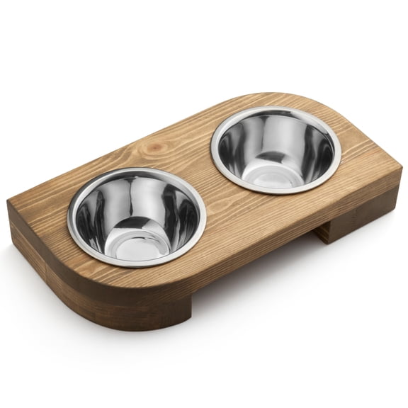 Pit stop Pet Food Bowls with Stand, Puppy Dog Feeding Bowls With Non-Skid Wooden Stand, Set of 2 Stainless Steel Food and Water Bowls for Dogs and Cats With Pine Wood Holder-Natural Wood Color-PET0004