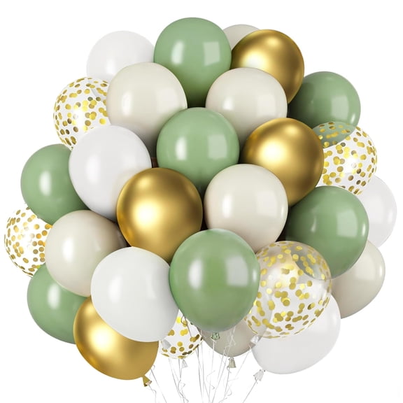 Sage Green White Gold Balloons, 50pcs 12inch Olive Green Gold Metallic Sand White Balloons with Gold Confetti Balloons for Wedding Bridal Shower Birthday Party Decorations