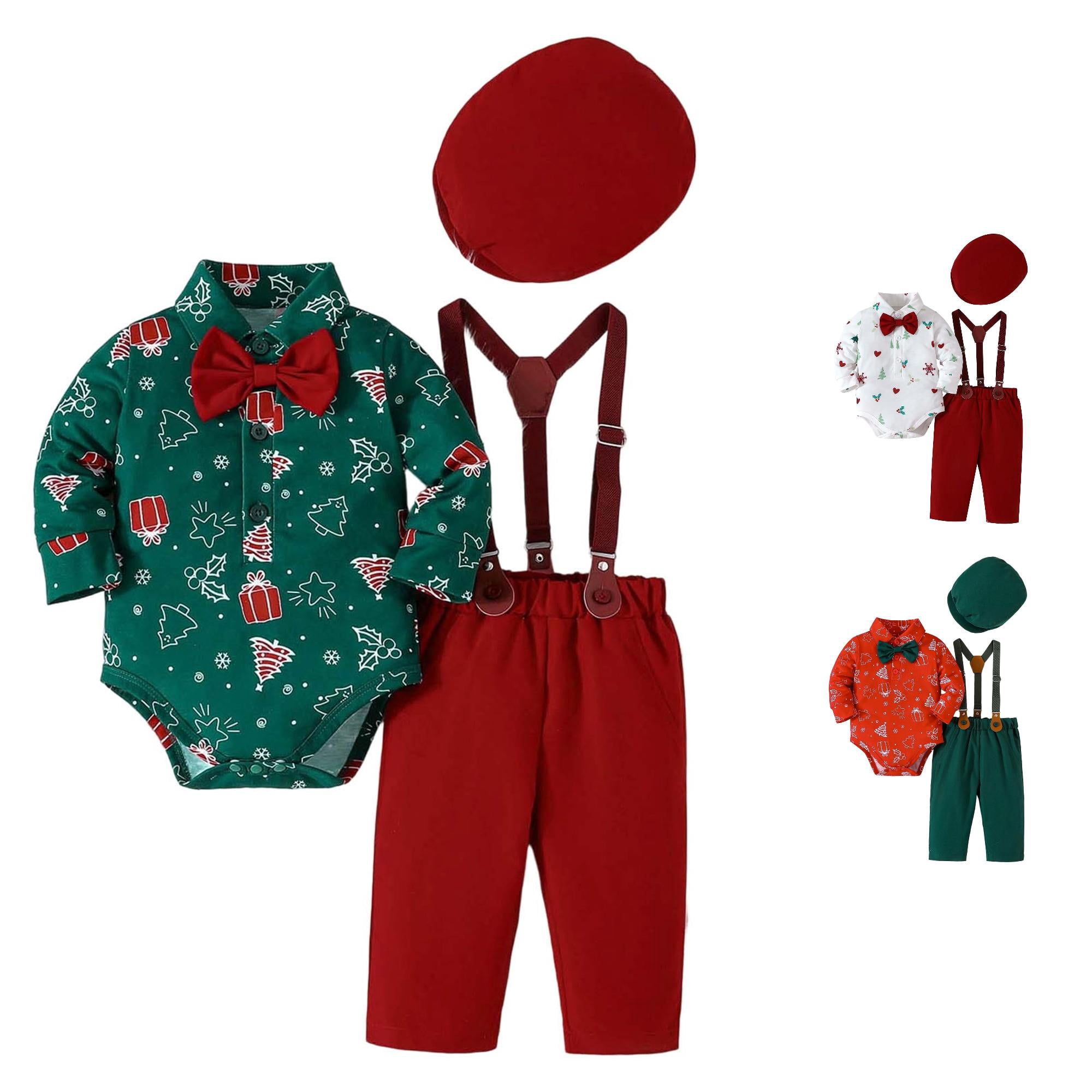 VOUZZA Baby Boys Christmas Romper Suspender Set Short Sleeve Romper and Suspender Shorts 3 Piece Toddler Gentleman Outfit