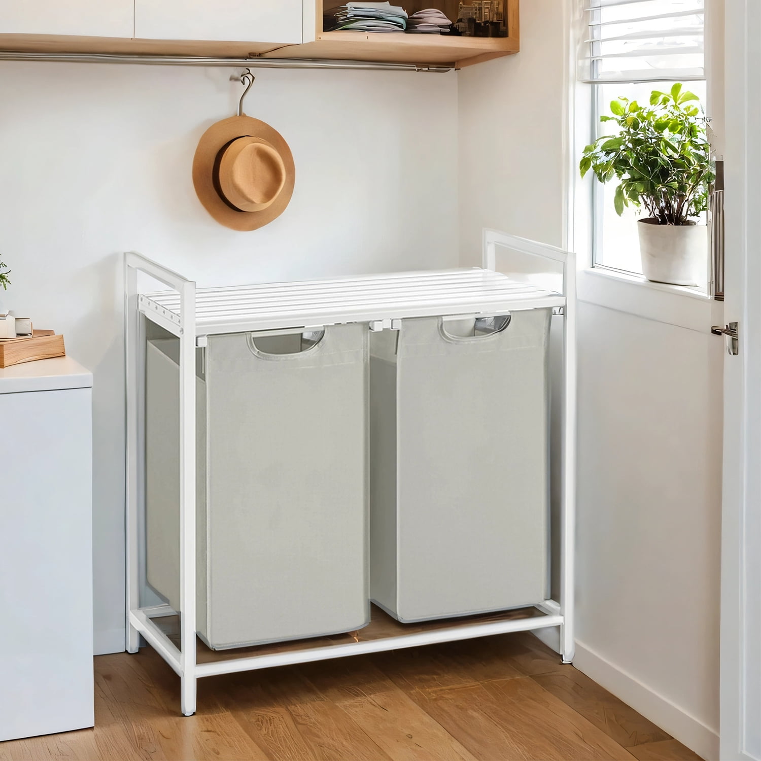 Laundry Sorter with 2 Removable Bags & Storage Shelf, Heavy-Duty Metal Frame, 24.2 Gallons (92L) Capacity, 2-Compartment Organization, White