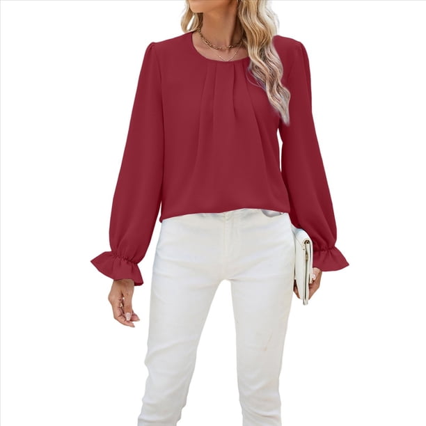 Camisa de Holgada de Larga con Cuello Redondo y Color Liso para Mujer, Elegante y A . Vino Tinto S