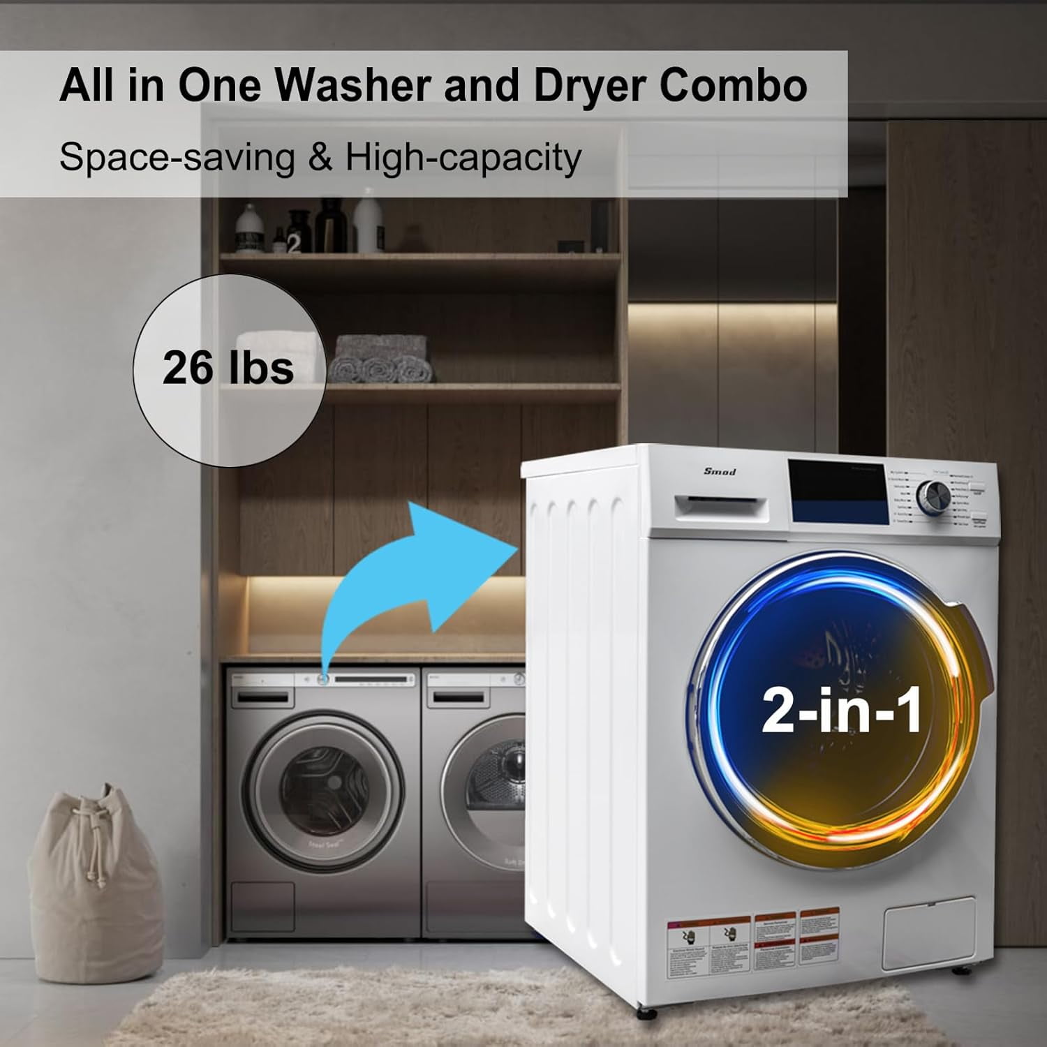 Smad Washer and Dryer Combo 24" 2.7 Cu ft 26 lbs Washer and Dryer Ventless LED Display16 Cycles