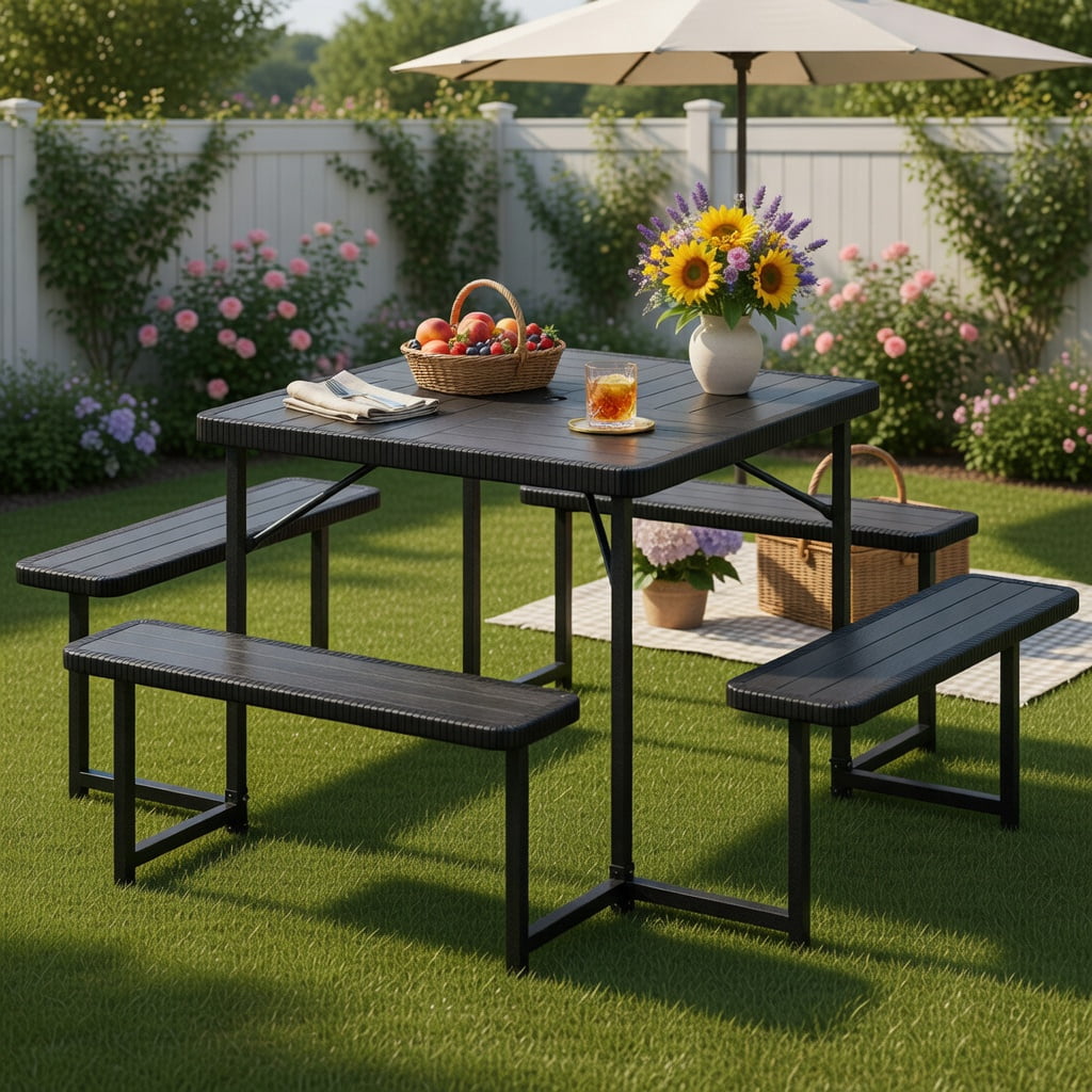 Hommoo Outdoor Square Picnic Table Set with Umbrella Hole, HDPE & Metal, Seats 4–8, Weather-Resistant Patio Dining Set, Black
