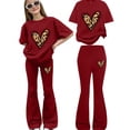 thumbnail image 4 of KVPLBQFD Girls Summer 2 Piece Outfit Heart Embellished Short Sleeve Top + Stretchy Flared Pants Set for Teens Girl Fashion Vacation Travel Clothes, 4 of 7