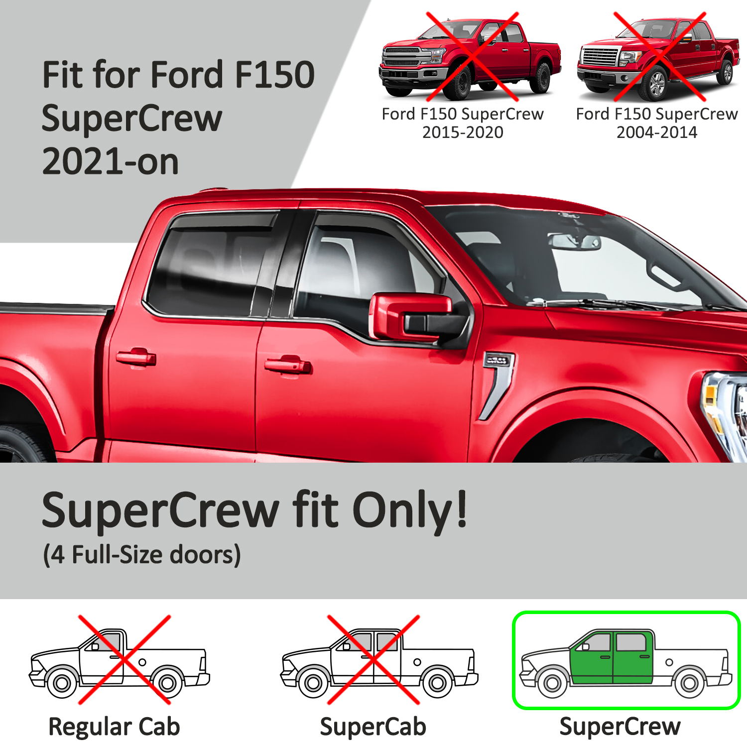 Voron Glass in-Channel Extra Durable Rain Guards for Ford F150 2021-2026 SuperCrew, Window Deflectors, Vent Window Visors, 4 Pieces - 200664