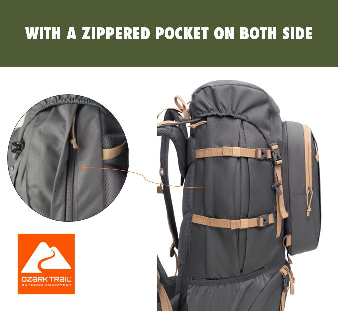 Mochila de senderismo Ozark Trail para adulto de 60L en poliéster 420D hexágono/600D con múltiples bolsillos, tostado y gris 6