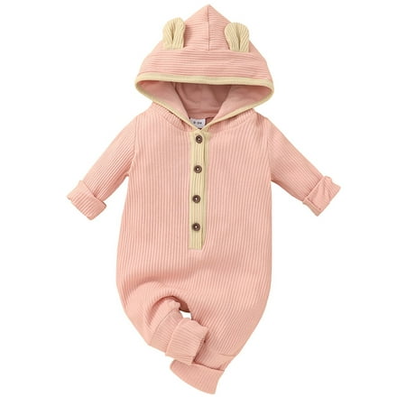 

Lumento Baby Ear Shaped Travel Playsuit Plain Buttons Romper Cute Hooded Bodysuit Pink 9-12M