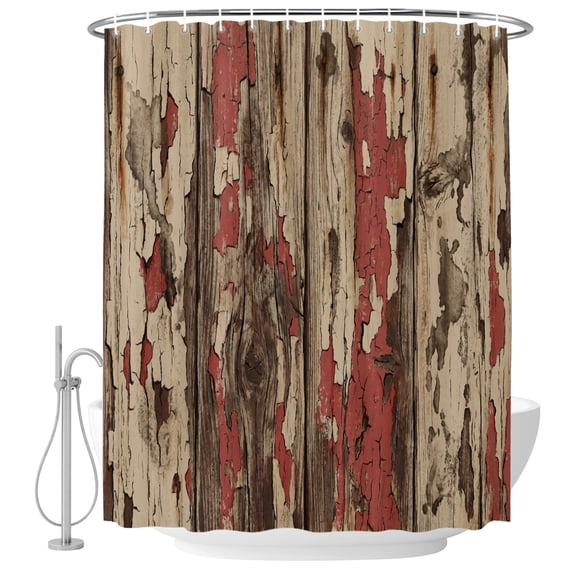 Red Brown Wooden Grain Shower Curtain Set - 72" x 78" Washable Bathtub Curtain with 12 Hooks, Farmhouse Vintage Country Textured Waterproof Fabric Stall Shower Curtains for Bathroom/Bathtub Décor