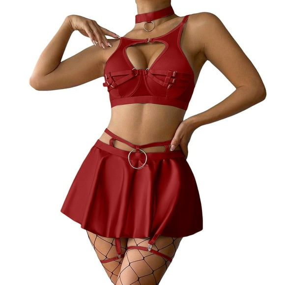 GDREDA Lingerie for Women Plus Size Women's Funny Lingerie Lace Sexy Black Bra Underwear Set Solid Leather Sexy Apron Underwear Bodysuit Red,L
