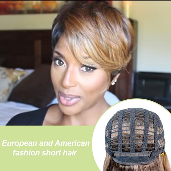Perruque Courte Style Europe et Amérique, Coupe Pixie avec Frange Oblique, Mode, Perruque Courte Synthétique Naturelle pour Femmes