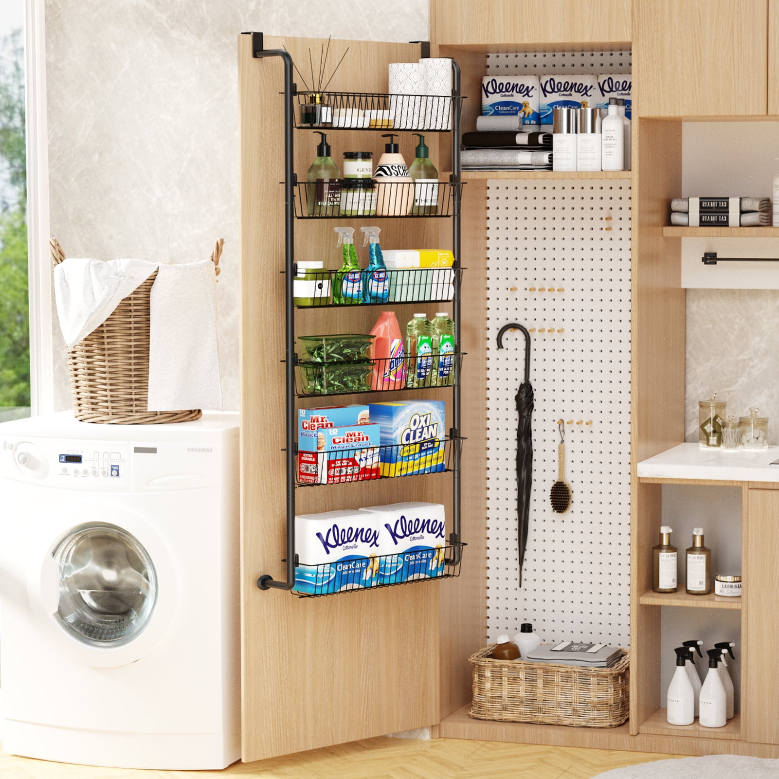 Yeabett 6-Tier Over the Door Pantry Organizer, Larger Baskets Metal Pantry Organization and Storage, Door Back Hanging Space Saver for Kitchen, Laundry, Bathroom, Black