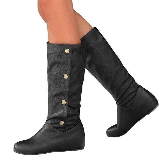 Women's Slip On Fleece Lined Winter Boots Hidden Wedge Non Slip Knee High Booties Snap Wide Calf Flat Riding Boots Black Size 8.5