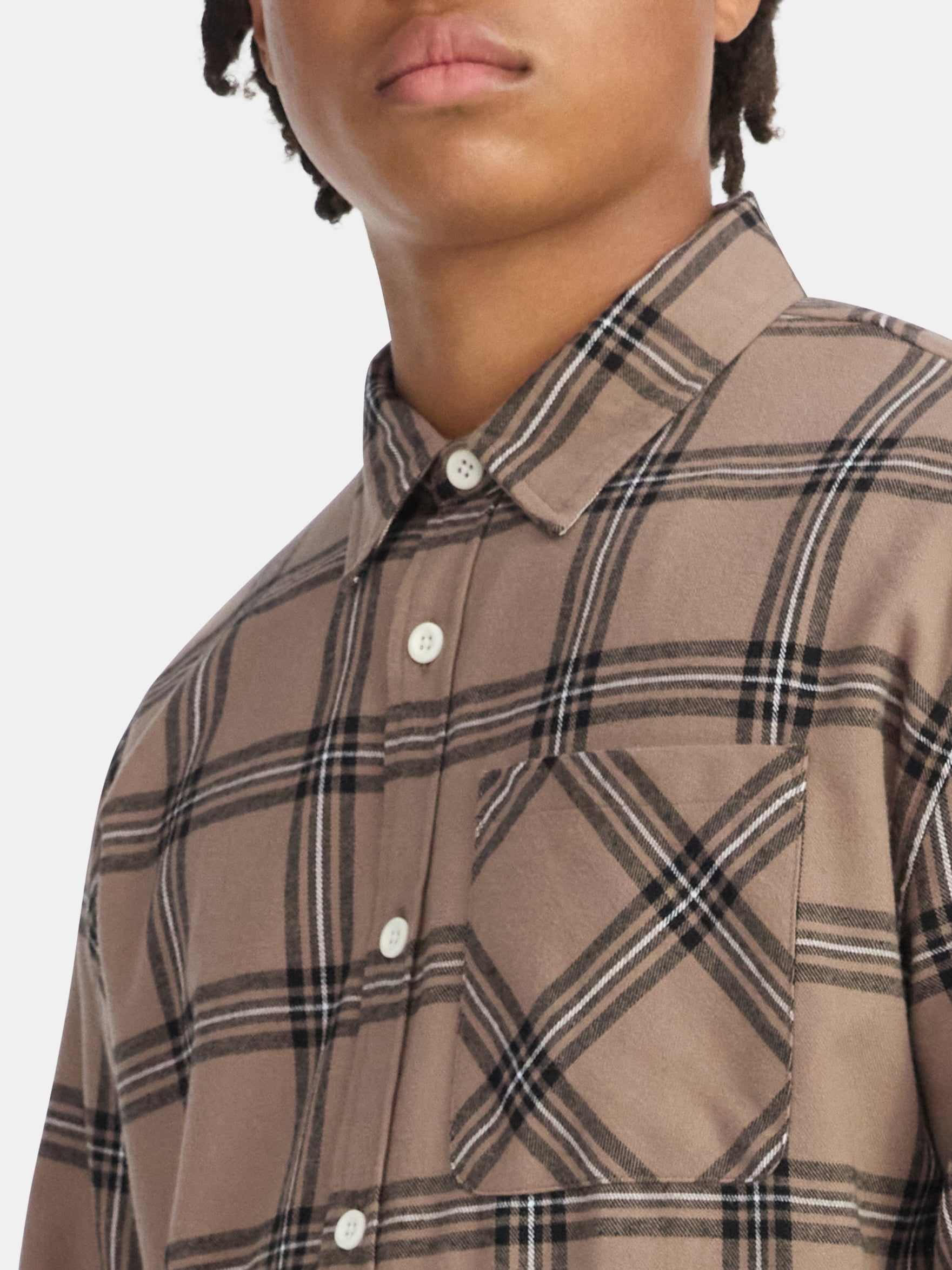 No Boundaries Collared Cotton Boxy Cropped Fit Flannel Shirt, Men's and Big Men's Sizes XS-5XL