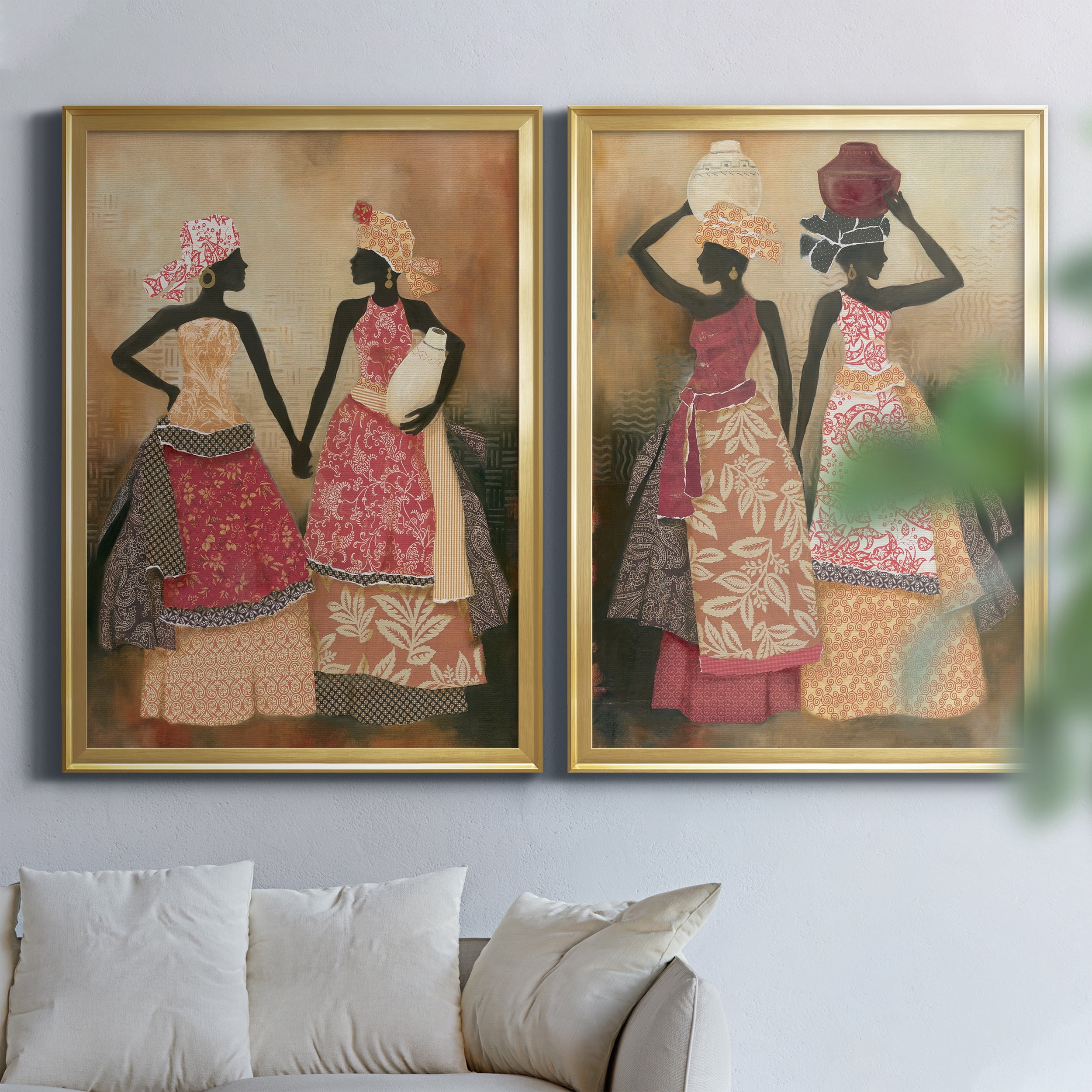 2 Piece Set Village Women I Premium Framed Canvas - Ready to Hang - 26.5 x 36.5 Each - Gold Frame