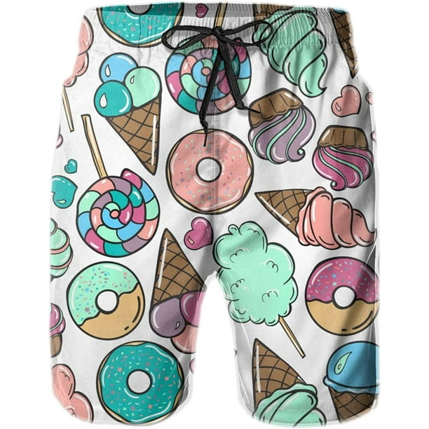 Men's Cartoon Donut ice Cream Swim Trunks Quick Dry Swim Shorts Print