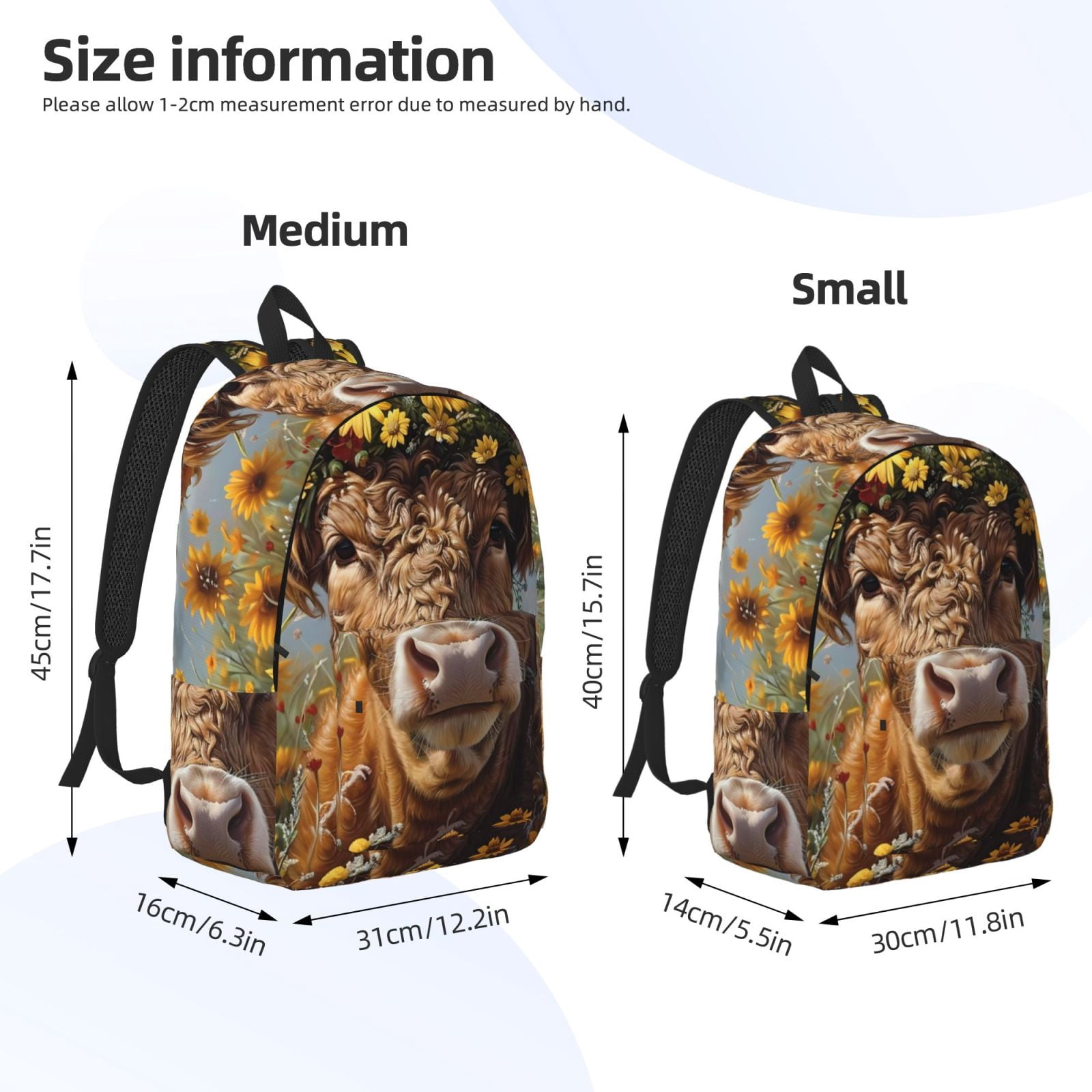 Vsdgher Cute Cow Sunflower Crown A Print Canvas Backpack Travel Rucksack Unisex Knapsack 15.7/17.7Inch Laptop Backpack for Work,College -Medium