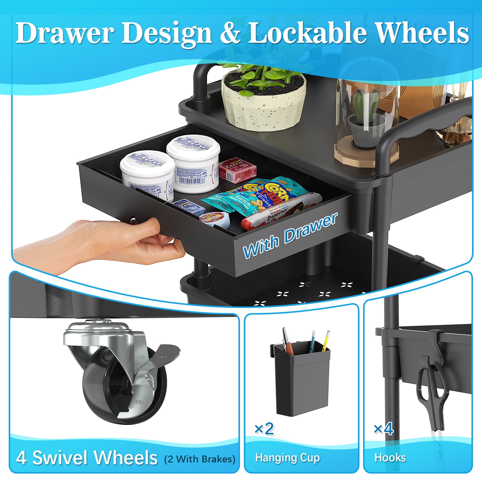 3 Tier Rolling Utility Cart with Removable Drawer, Bathroom Storage Organizer with 2 Lockable Wheels, Mobile Shelving Unit for Kitchen, Office, Snack, Craft, Makeup, Baby Essentials, Black